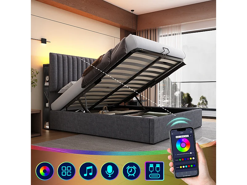 140x200cm grau gepolstertes Bett Stauraum Doppelbett LED applikationsgesteuertes Bett mit USB-Ladefunktion C-Typ, verstellbares Kopfteil (ohne Matratze)