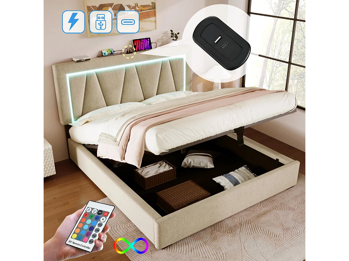 Cama acolchoada para adulto 180 x 291 cm, sem cabeceira, com faixa LED (monocromática), base com suspensão hidráulica, bege.