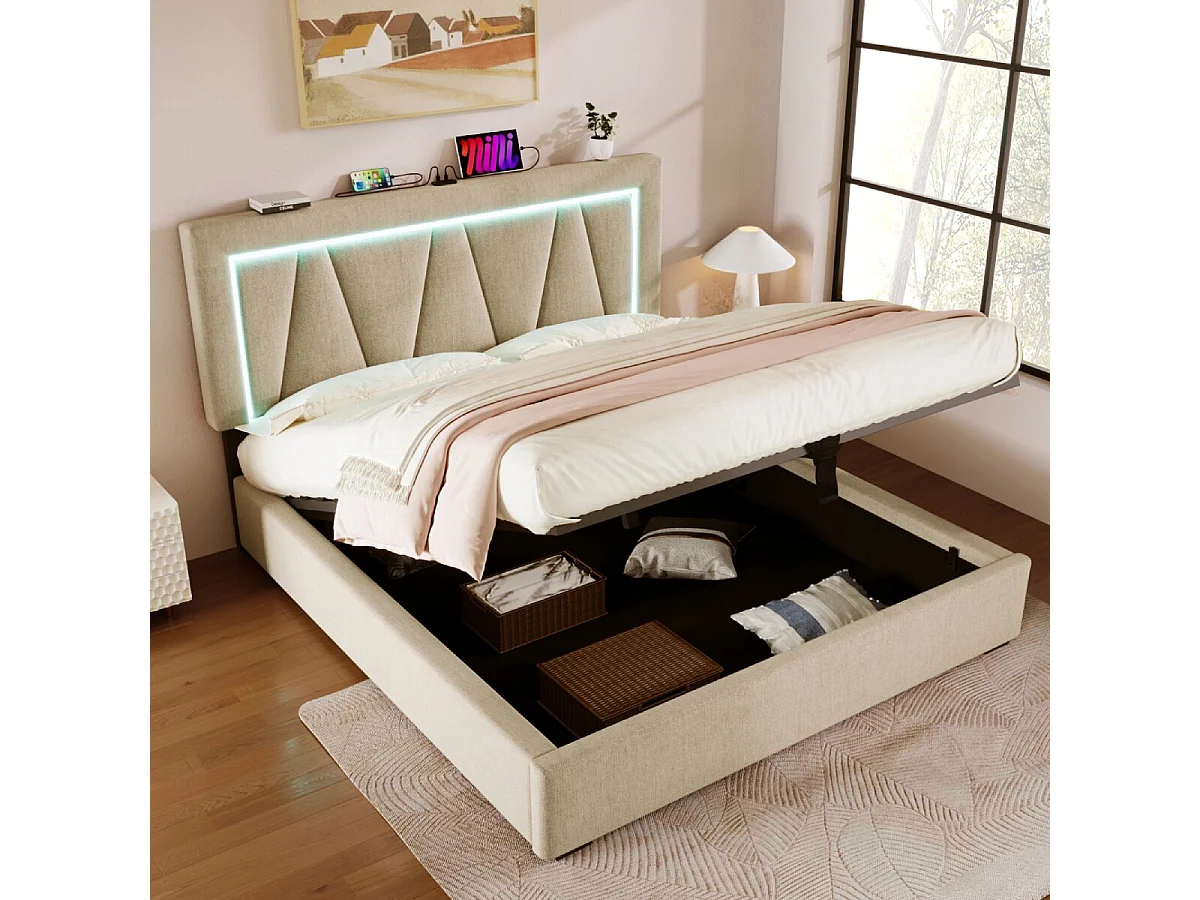 Cama acolchoada para adulto 180 x 291 cm, sem cabeceira, com faixa LED (monocromática), base com suspensão hidráulica, bege.