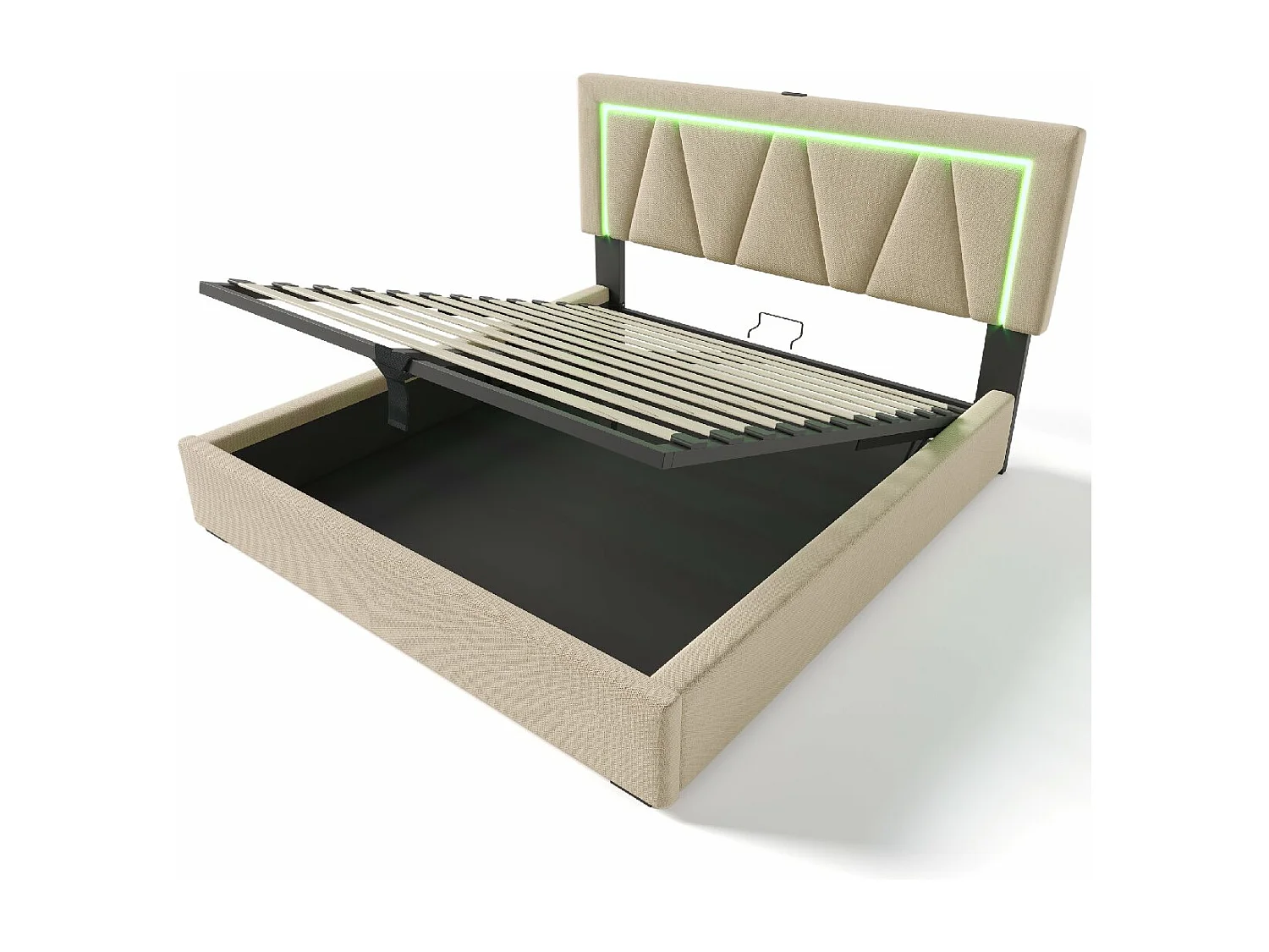 Cama acolchoada para adulto 180 x 291 cm, sem cabeceira, com faixa LED (monocromática), base com suspensão hidráulica, bege.