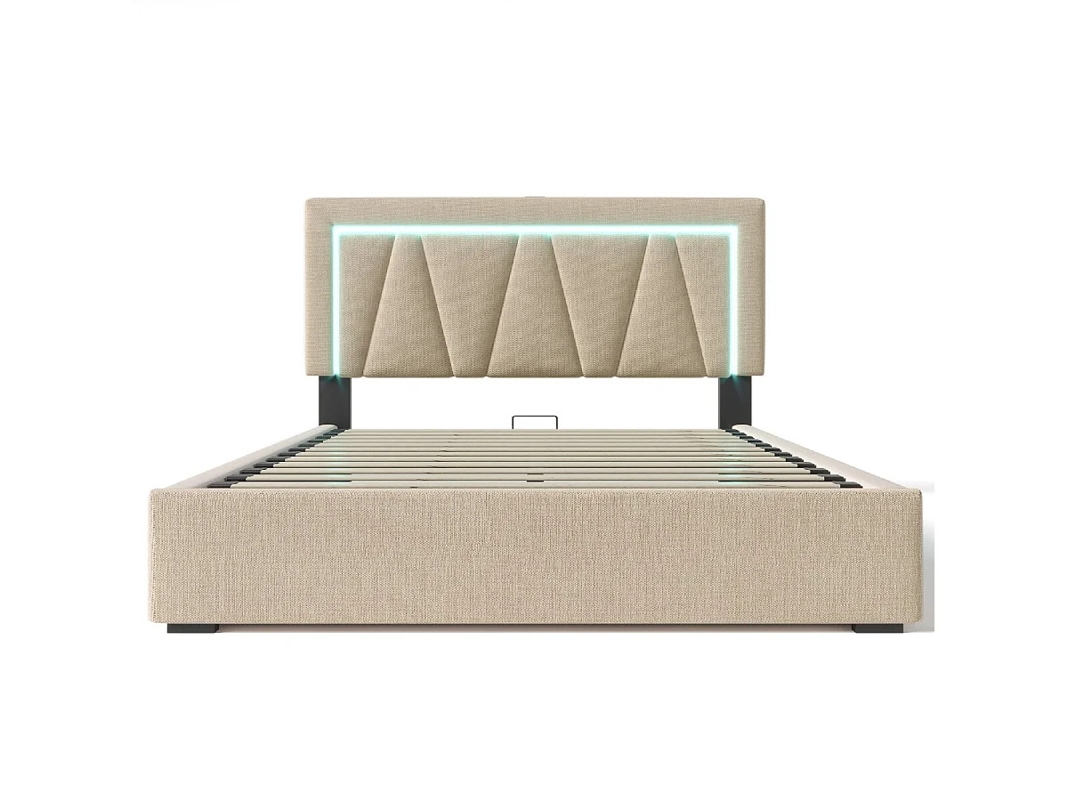 Cama acolchoada para adulto 180 x 291 cm, sem cabeceira, com faixa LED (monocromática), base com suspensão hidráulica, bege.