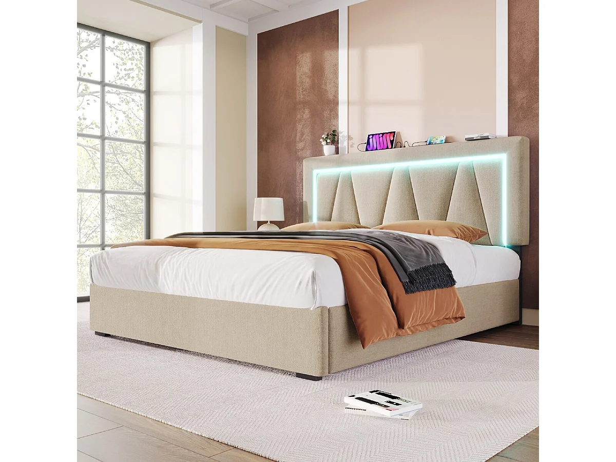 Dotato di funzione di ricarica USB tipo C e illuminazione LED, piccolo letto matrimoniale 140x200 (senza materasso)
