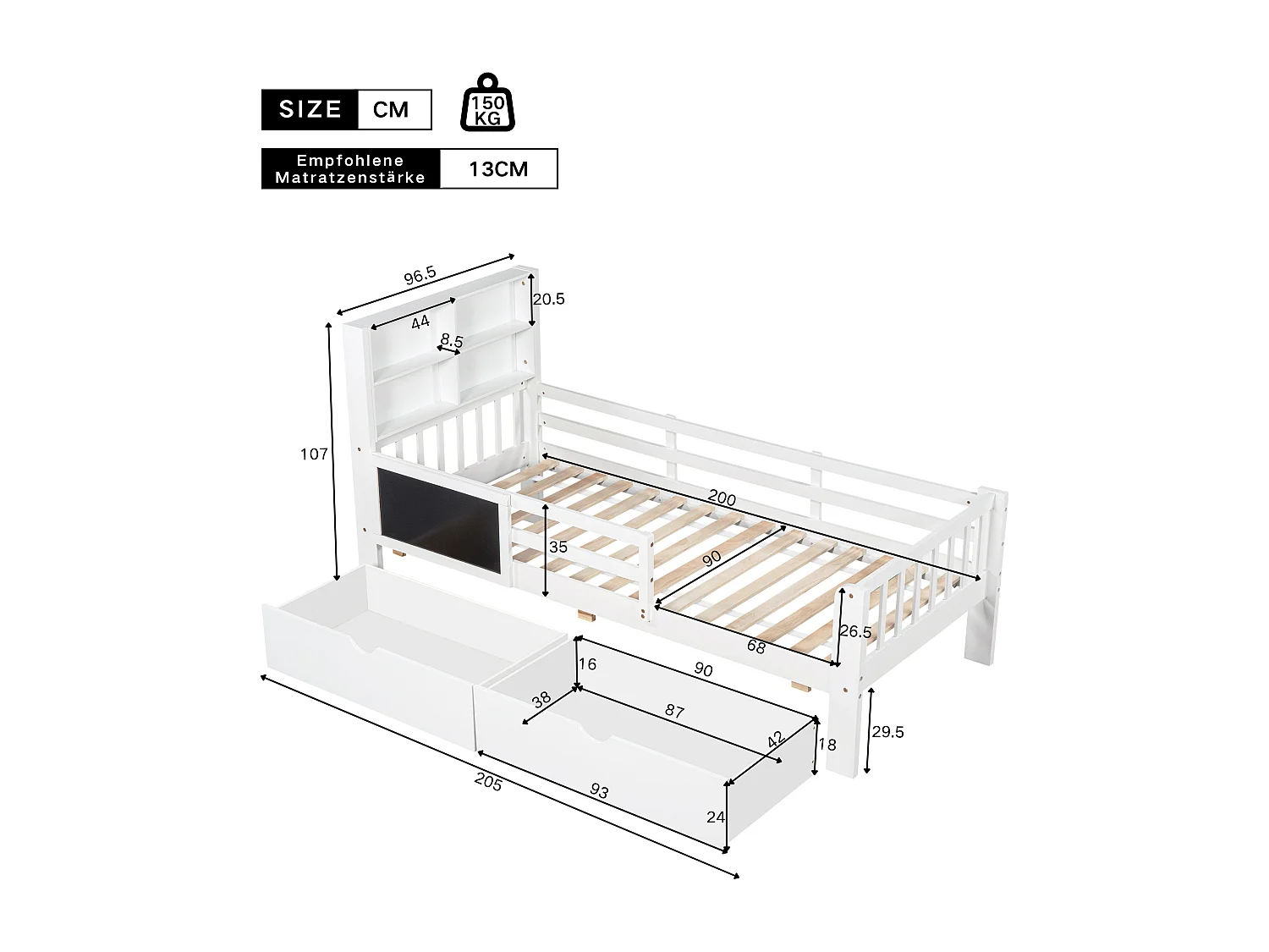 Lit d'enfant multifonctionnel blanc 90 * 200 avec tiroirs et tableau noir sans matelas