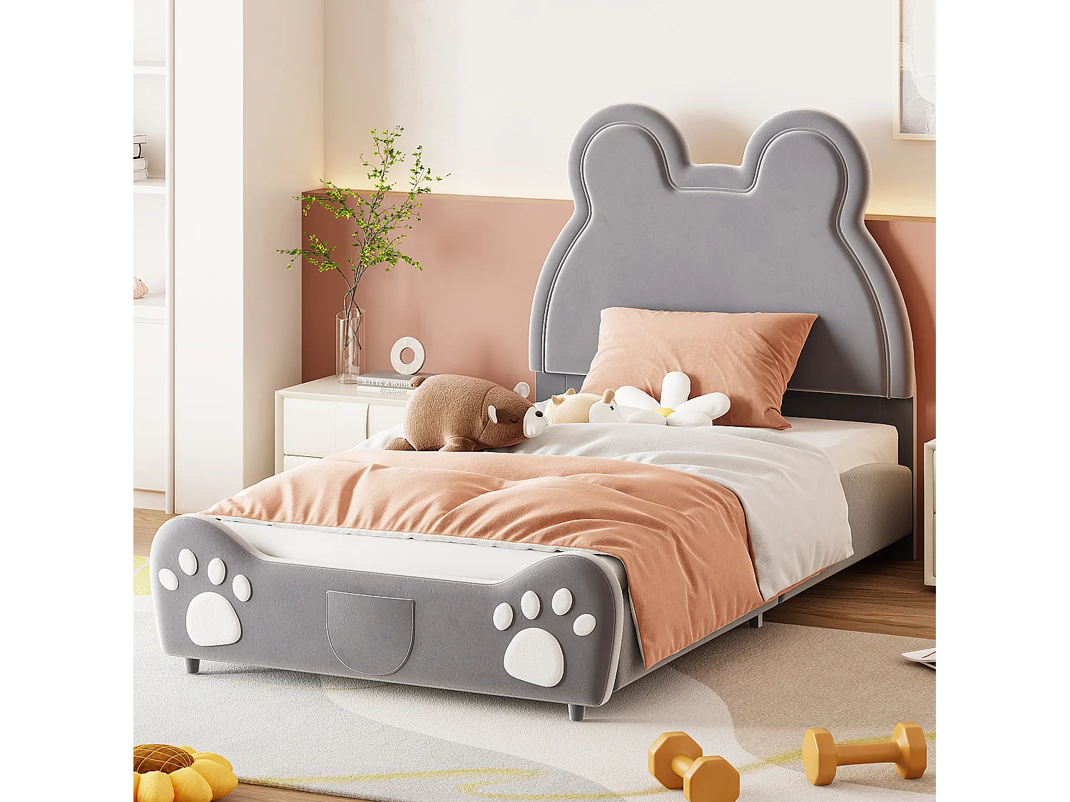 Letto singolo imbottito grigio per bambini 90 x 200 cm in velluto dermofilo