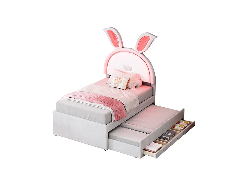 Beige gepolstertes Kindereinzelbett 90 x 200 cm, Samtstoff, mit ausziehbarem Bett, Aufbewahrungsschublade und FarbwechselLED