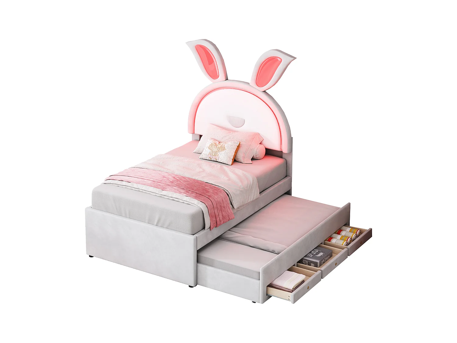 Lit simple enfant rembourré beige 90 x 200 cm, tissu velours avec lit gigogne, tiroir de rangement et LED à changement de couleur