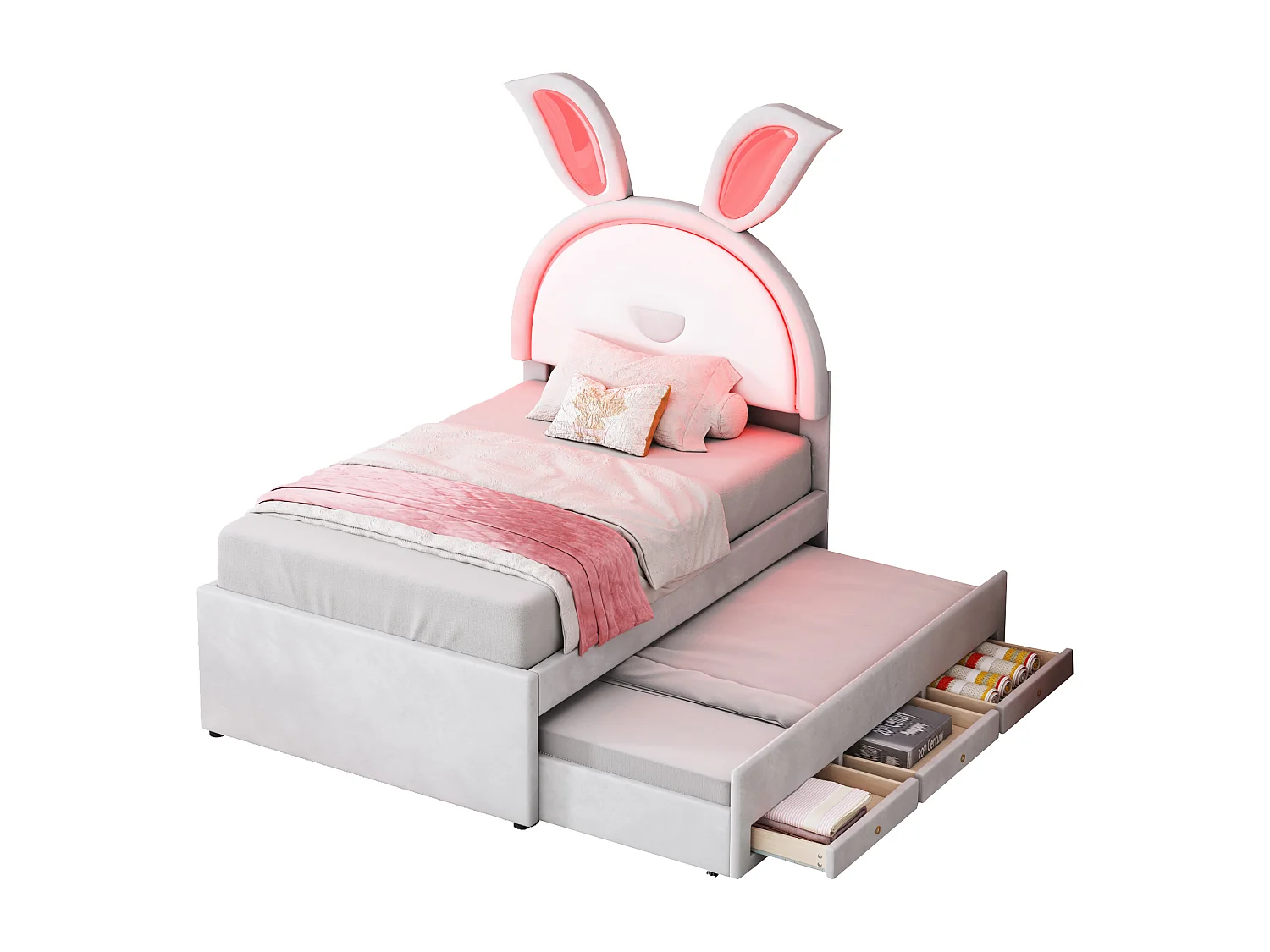 Cama infantil individual tapizada beige 90 x 200 cm, tejido de terciopelo con cama nido, cajón de almacenaje y LED que cambia de color