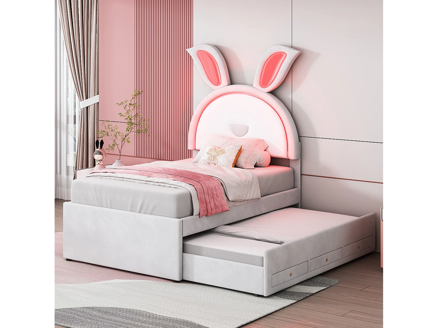 Cama infantil individual tapizada beige 90 x 200 cm, tejido de terciopelo con cama nido, cajón de almacenaje y LED que cambia de color