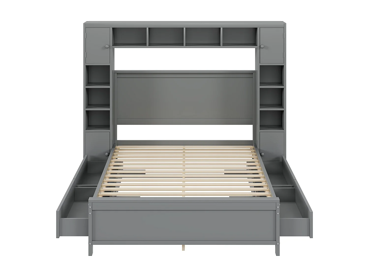 Graues Bettgestell mit Stauraum 140 * 200 mit 4 Schubladen und großem Fach, Doppelbett aus Massivholz, Lattenrost