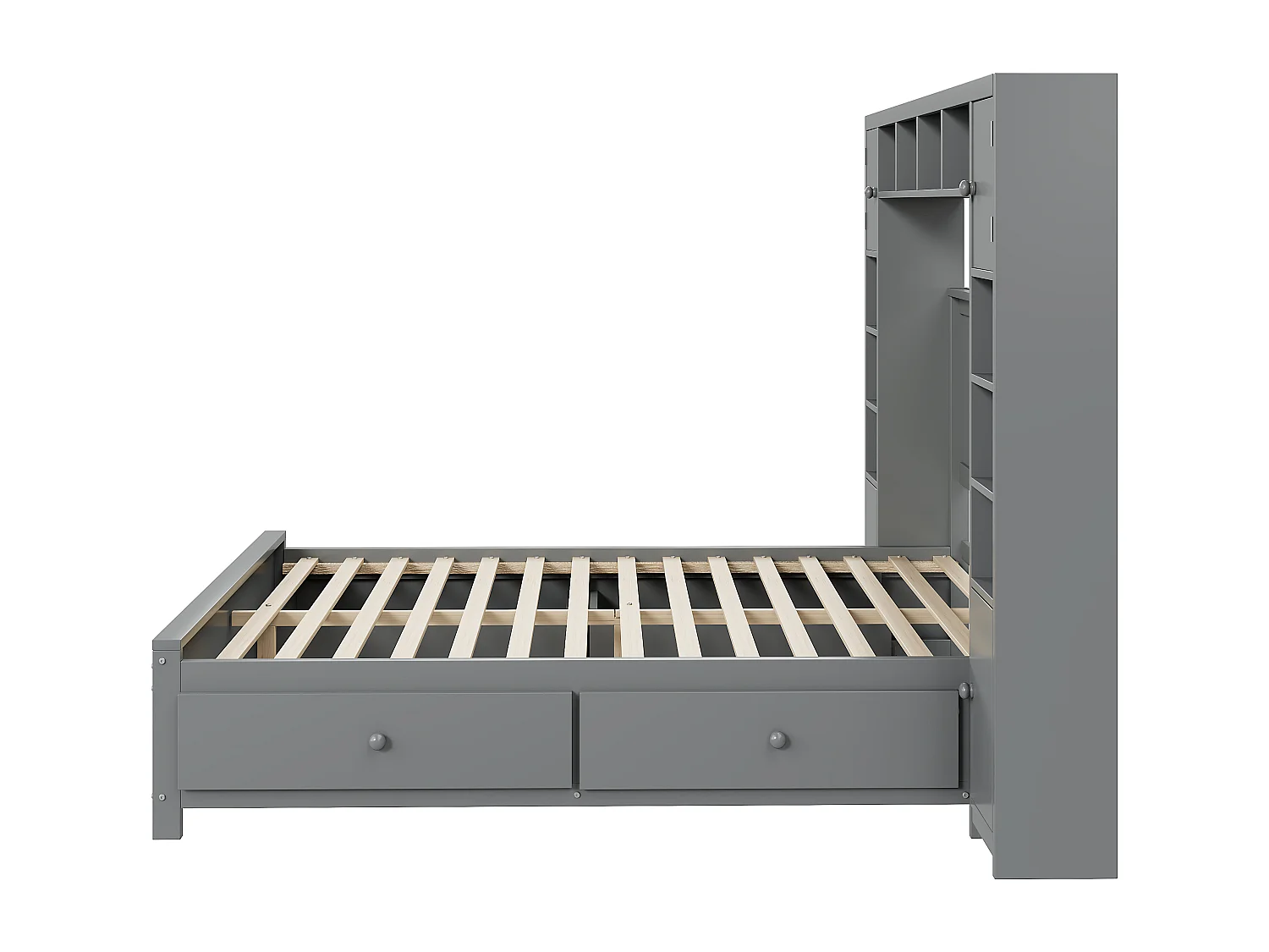 Graues Bettgestell mit Stauraum 140 * 200 mit 4 Schubladen und großem Fach, Doppelbett aus Massivholz, Lattenrost