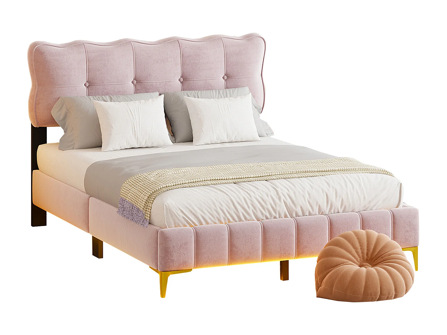 Rosa gepolstertes Doppelbett 140 x 200 cm, Samtstoff, mit LED-Beleuchtung, flacher Nudelrahmen und Metallfüße (Matratze nicht im Lieferumfang enthalten)