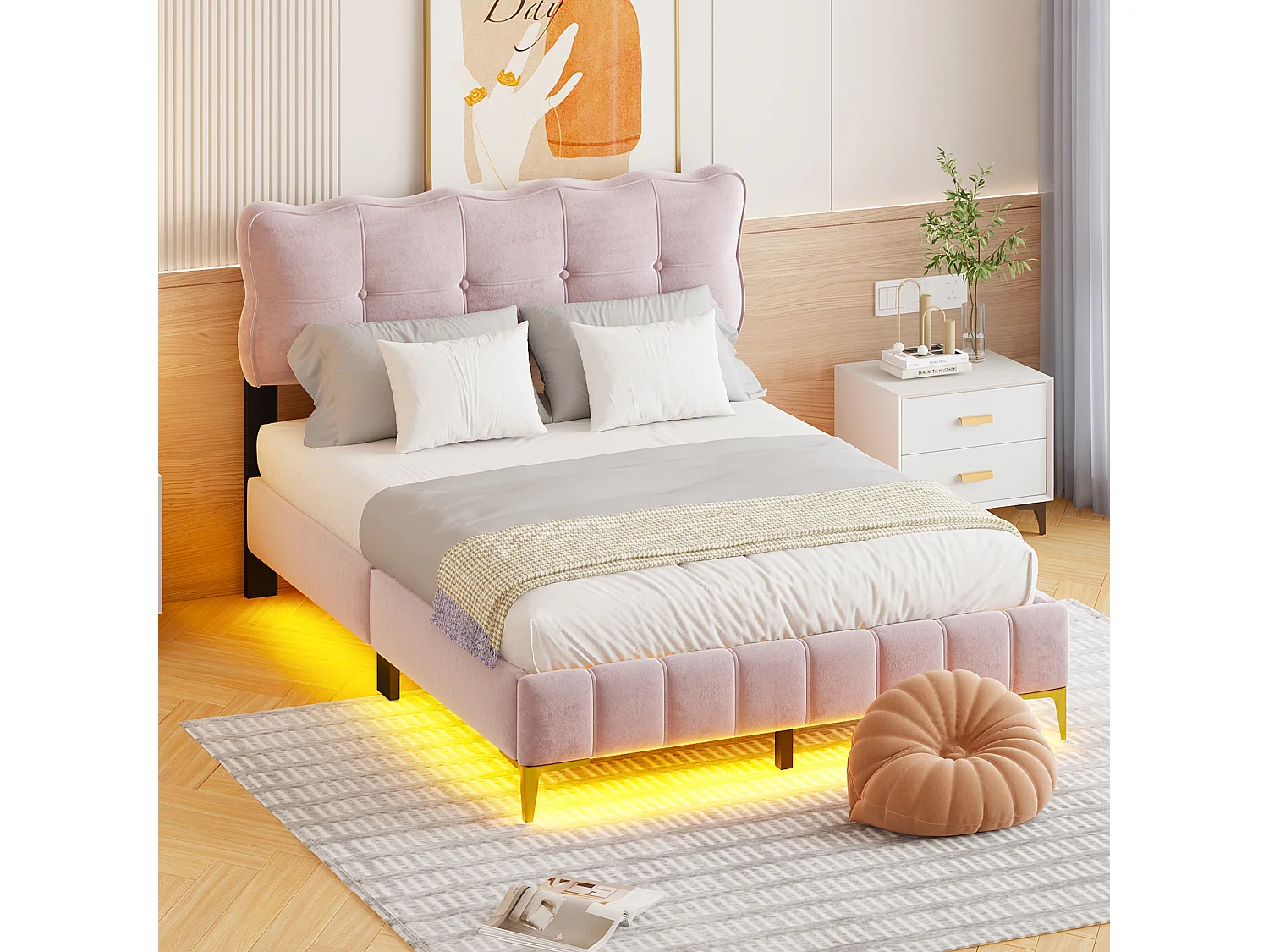 Rosa gepolstertes Doppelbett 140 x 200 cm, Samtstoff, mit LED-Beleuchtung, flacher Nudelrahmen und Metallfüße (Matratze nicht im Lieferumfang enthalten)