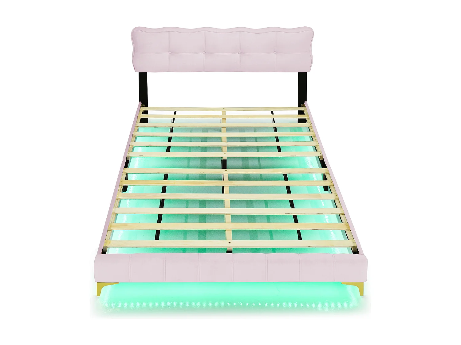 Rosa gepolstertes Doppelbett 140 x 200 cm, Samtstoff, mit LED-Beleuchtung, flacher Nudelrahmen und Metallfüße (Matratze nicht im Lieferumfang enthalten)