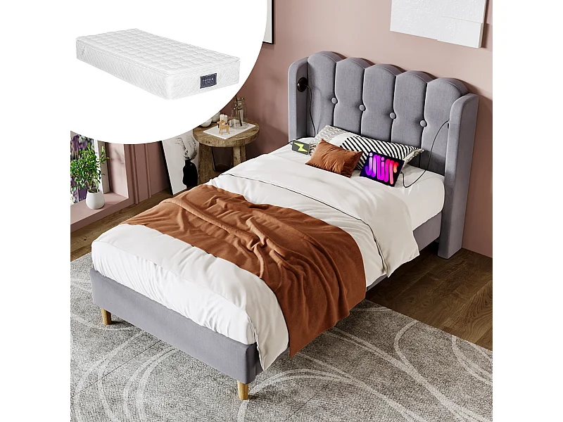 Graues Polsterbett Einzelbett 90 x 200 cm, mit USB-Ladefunktion Typ C Materialwäsche, Bettgestell mit flachem Nudelrahmen (mit Matratze)
