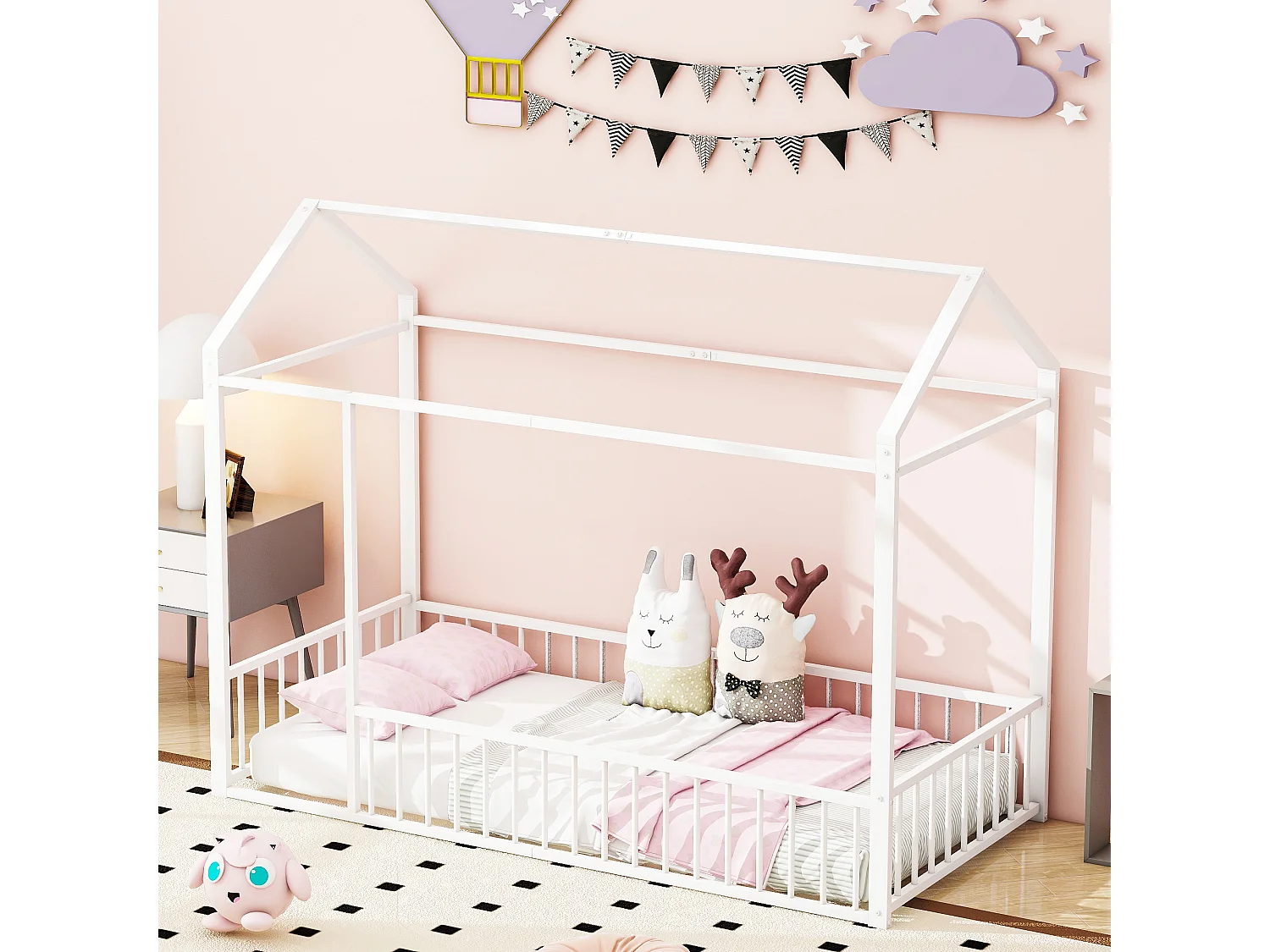 Kinderbett rosa 140 x 200 Metall Bett Familienbett Rahmen mit Zaun, geeignet für Kinder, Jugendliche, Mädchen, Jungen