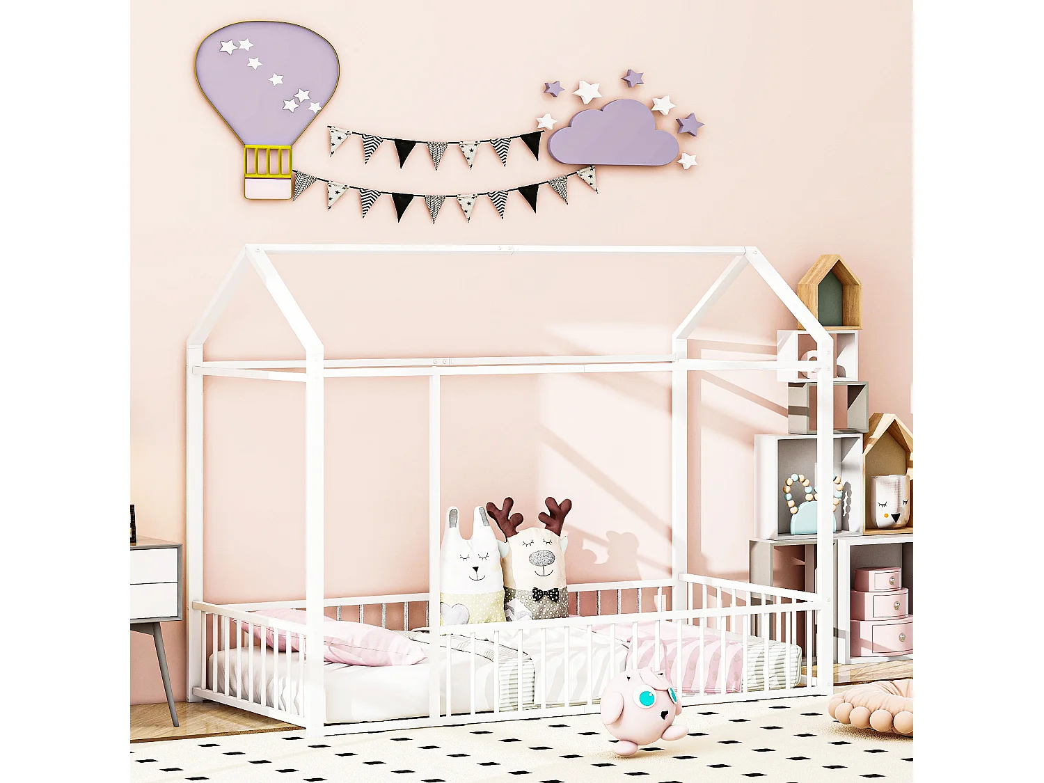 Kinderbett rosa 140 x 200 Metall Bett Familienbett Rahmen mit Zaun, geeignet für Kinder, Jugendliche, Mädchen, Jungen