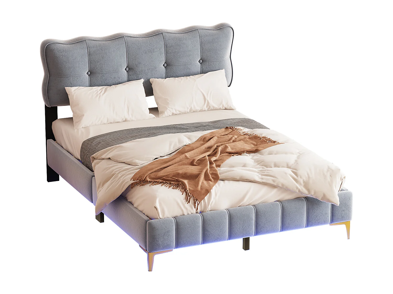 Graues gepolstertes Doppelbett 140 x 200 cm, Samtstoff, mit LED-Beleuchtung, flacher Nudelrahmen und Metallfüßen (Matratze nicht im Lieferumfang enthalten)