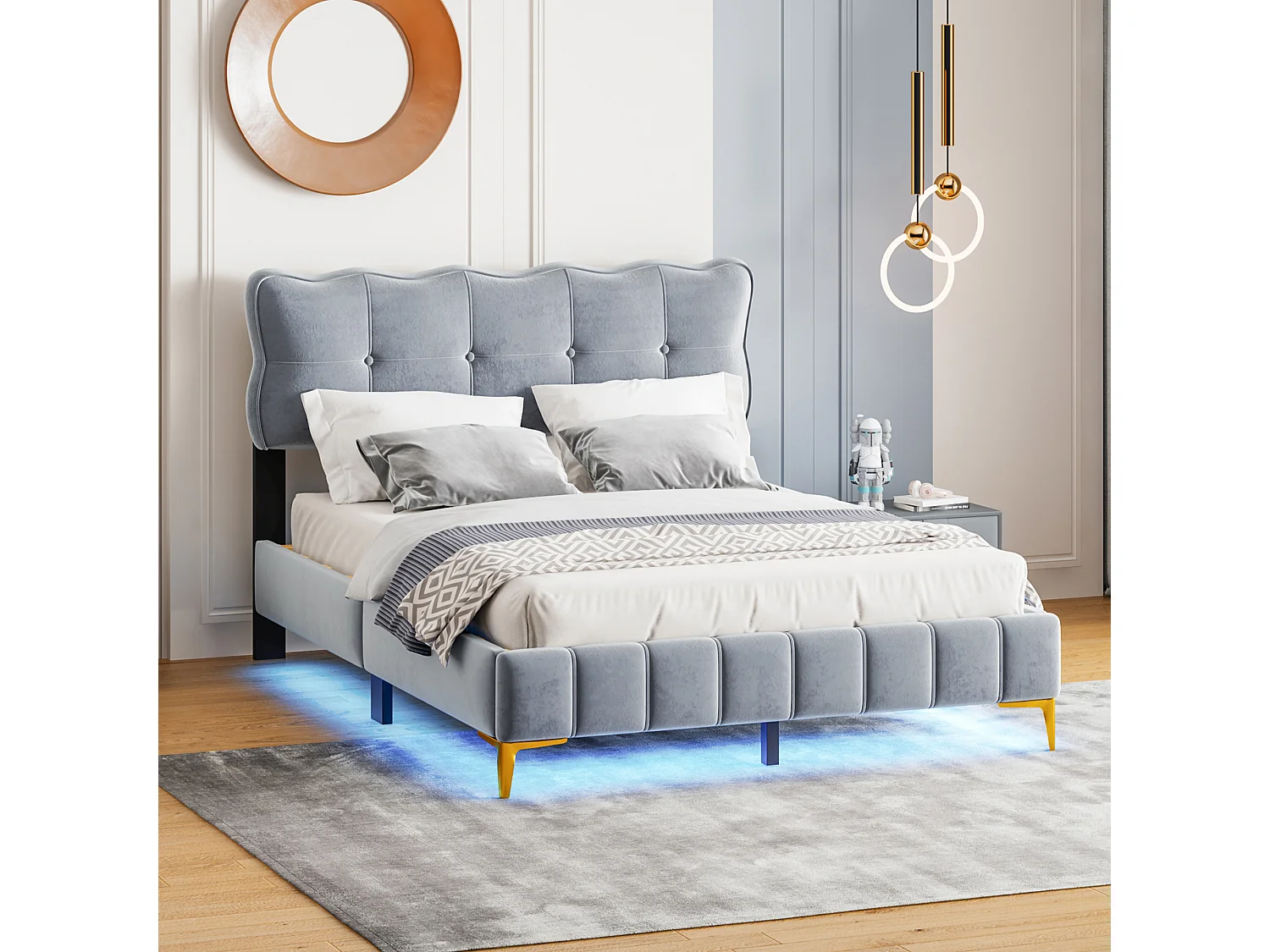 Graues gepolstertes Doppelbett 140 x 200 cm, Samtstoff, mit LED-Beleuchtung, flacher Nudelrahmen und Metallfüßen (Matratze nicht im Lieferumfang enthalten)