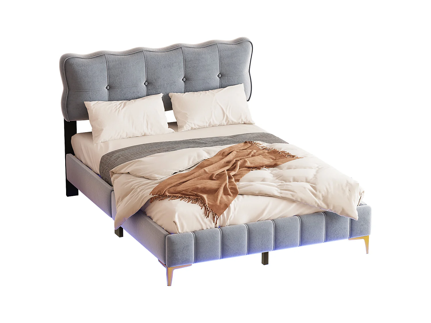 Lit double rembourré gris 140 x 200 cm, tissu velours avec éclairage LED, cadre à lattes et pieds en métal (matelas non inclus)