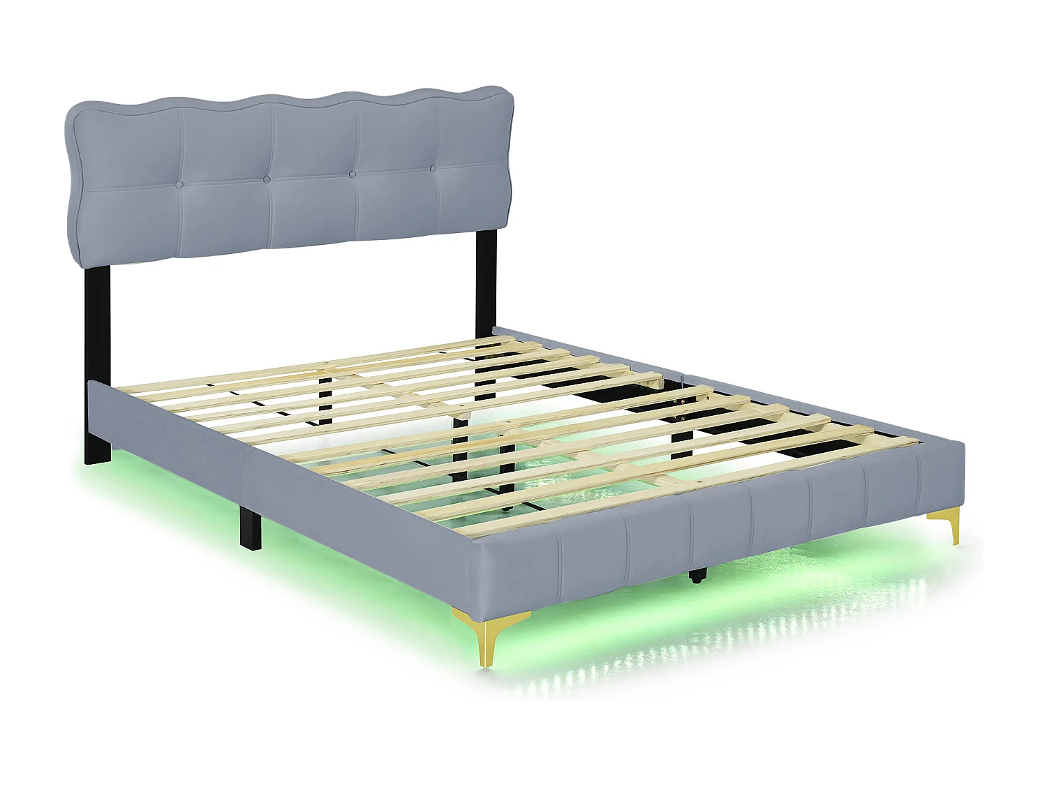 Graues gepolstertes Doppelbett 140 x 200 cm, Samtstoff, mit LED-Beleuchtung, flacher Nudelrahmen und Metallfüßen (Matratze nicht im Lieferumfang enthalten)
