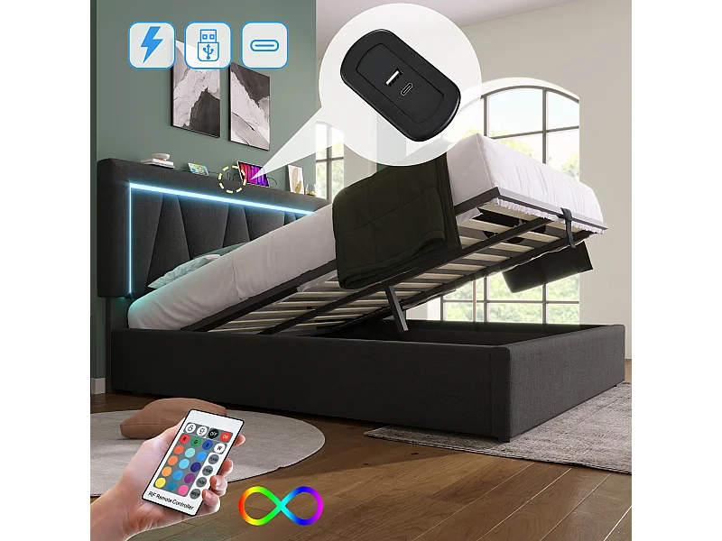 Ausgestattet mit USB C-Typ Ladefunktion und LED-Beleuchtung, kleines Doppelbett 140x200 (ohne Matratze)