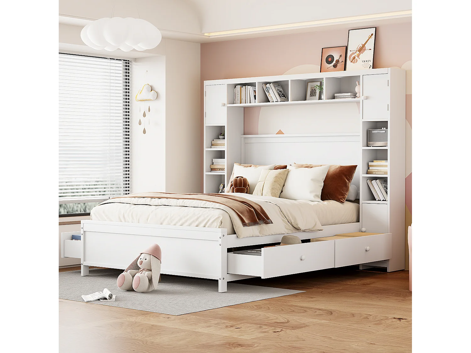 Cadre de lit blanc 140 * 200 avec rangement avec 4 tiroirs et grand casier, lit double en bois massif, Base Plate