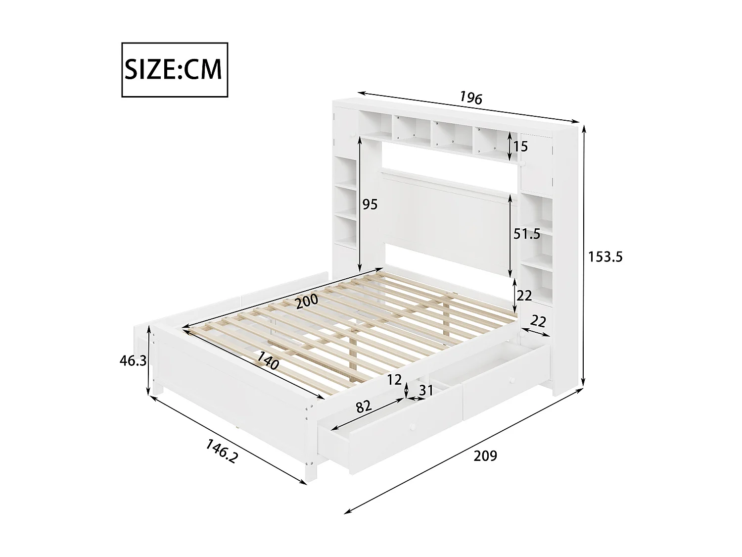 Cadre de lit blanc 140 * 200 avec rangement avec 4 tiroirs et grand casier, lit double en bois massif, Base Plate