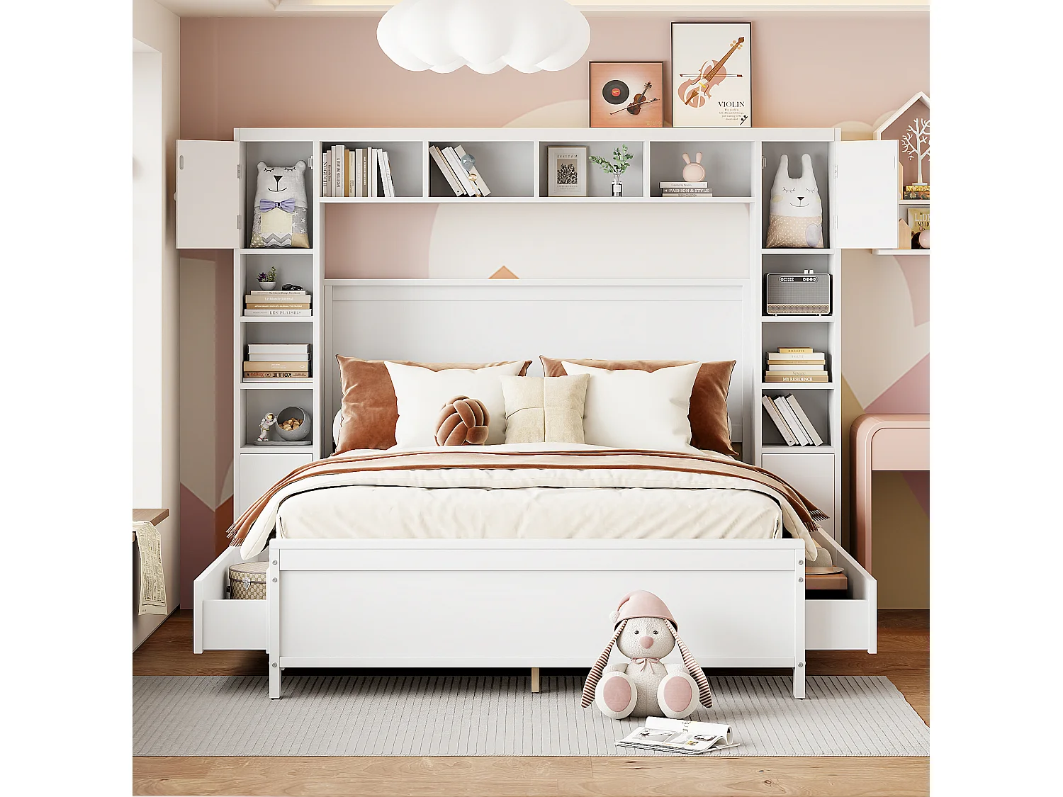 Cadre de lit blanc 140 * 200 avec rangement avec 4 tiroirs et grand casier, lit double en bois massif, Base Plate