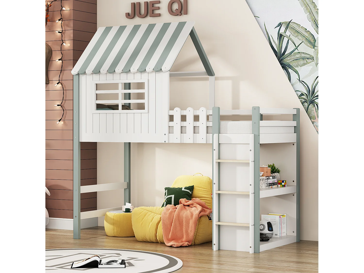 Cama infantil de madera maciza verde de 90x200 cm, en forma de tejado, con escalera de seguridad, somier multifuncional y somier de láminas