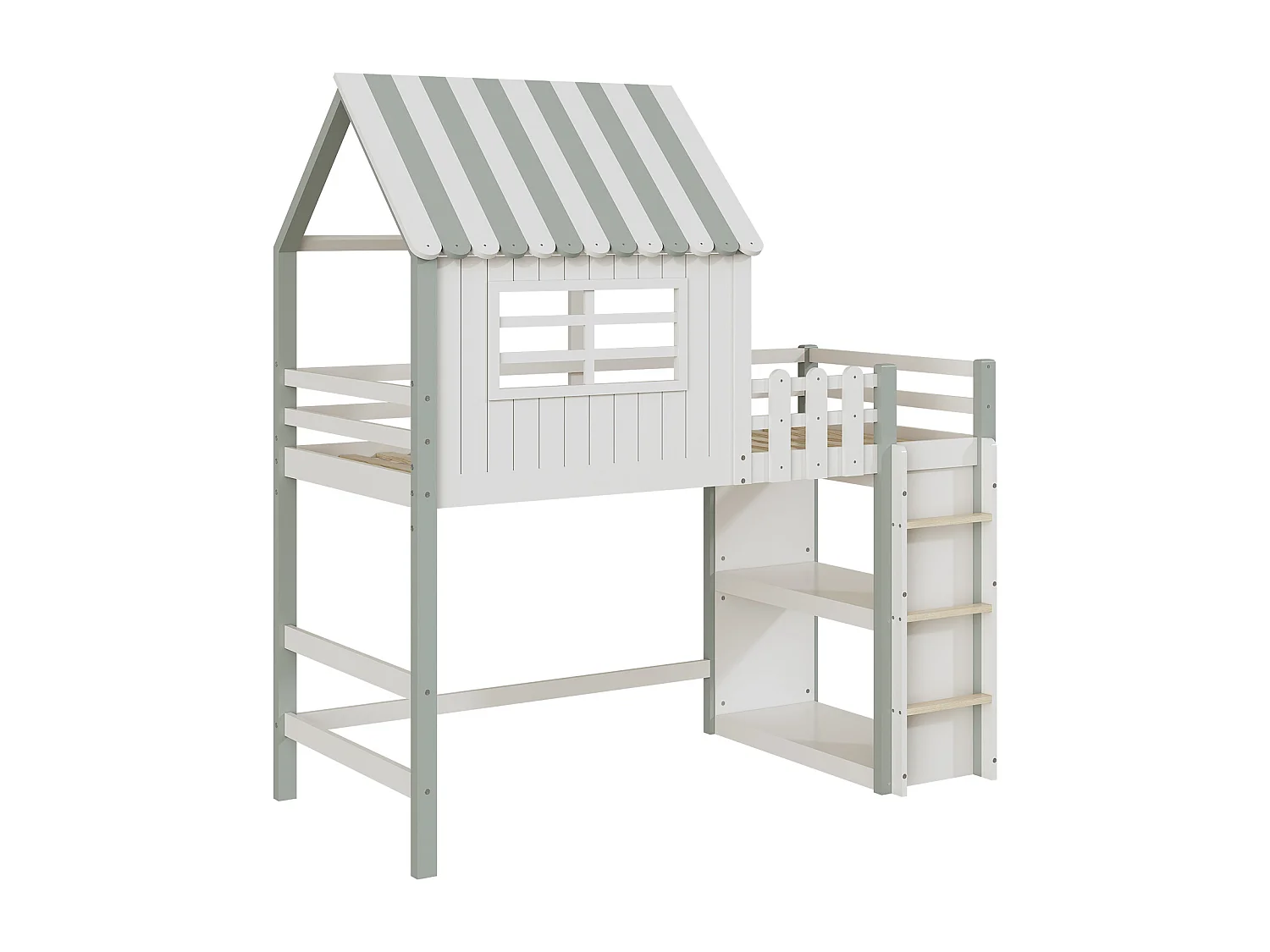 Cama infantil de madera maciza verde de 90x200 cm, en forma de tejado, con escalera de seguridad, somier multifuncional y somier de láminas