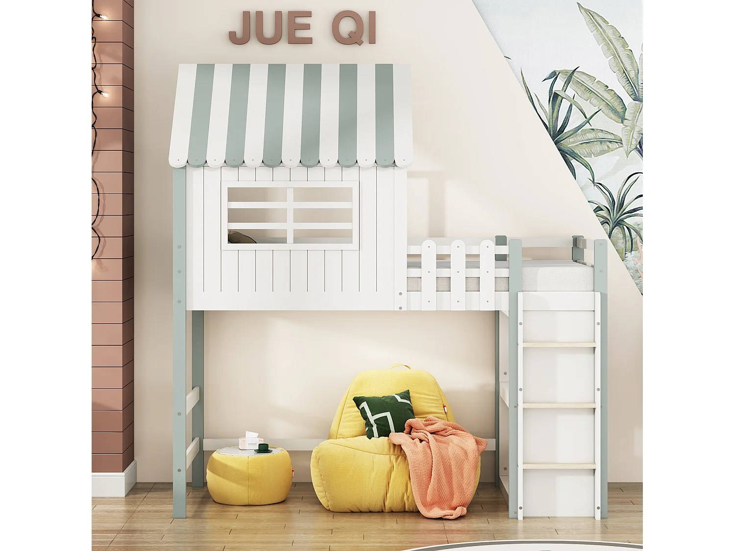 Lit en bois massif vert enfant 90x200 cm, forme toit, avec échelle de sécurité, rangement lit multifonctionnel et cadre à Lattes