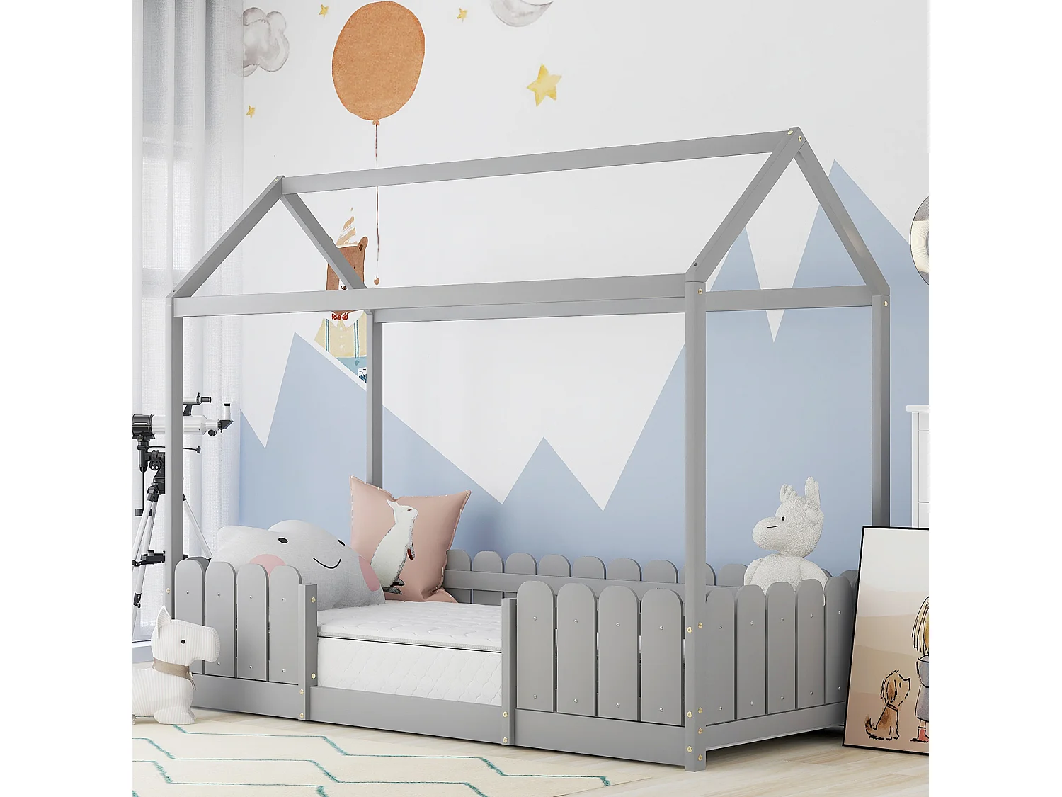 Lit cabane enfant 90 x 200 cm - Bois pin massif Gris - Sommier inclus - Style scandinave