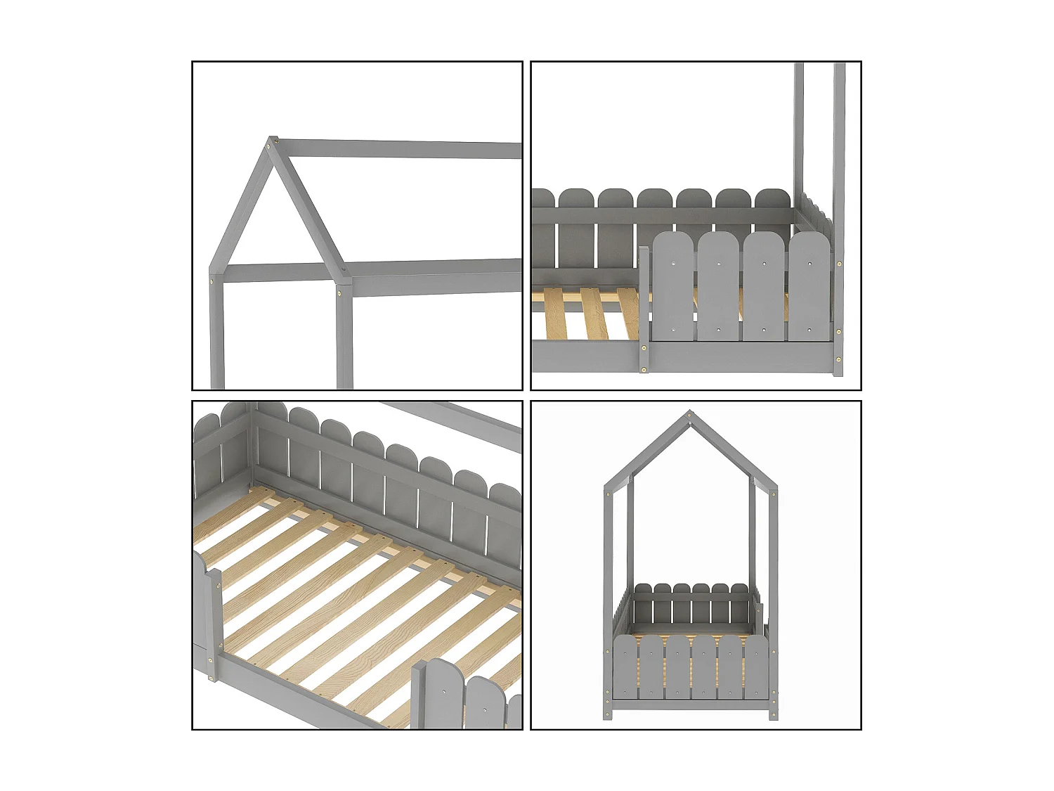 Lit cabane enfant 90 x 200 cm - Bois pin massif Gris - Sommier inclus - Style scandinave