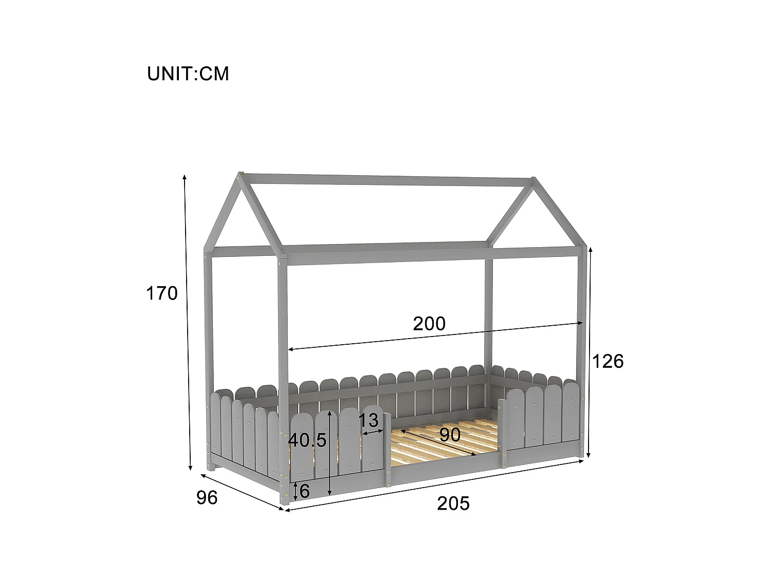 Lit cabane enfant 90 x 200 cm - Bois pin massif Gris - Sommier inclus - Style scandinave