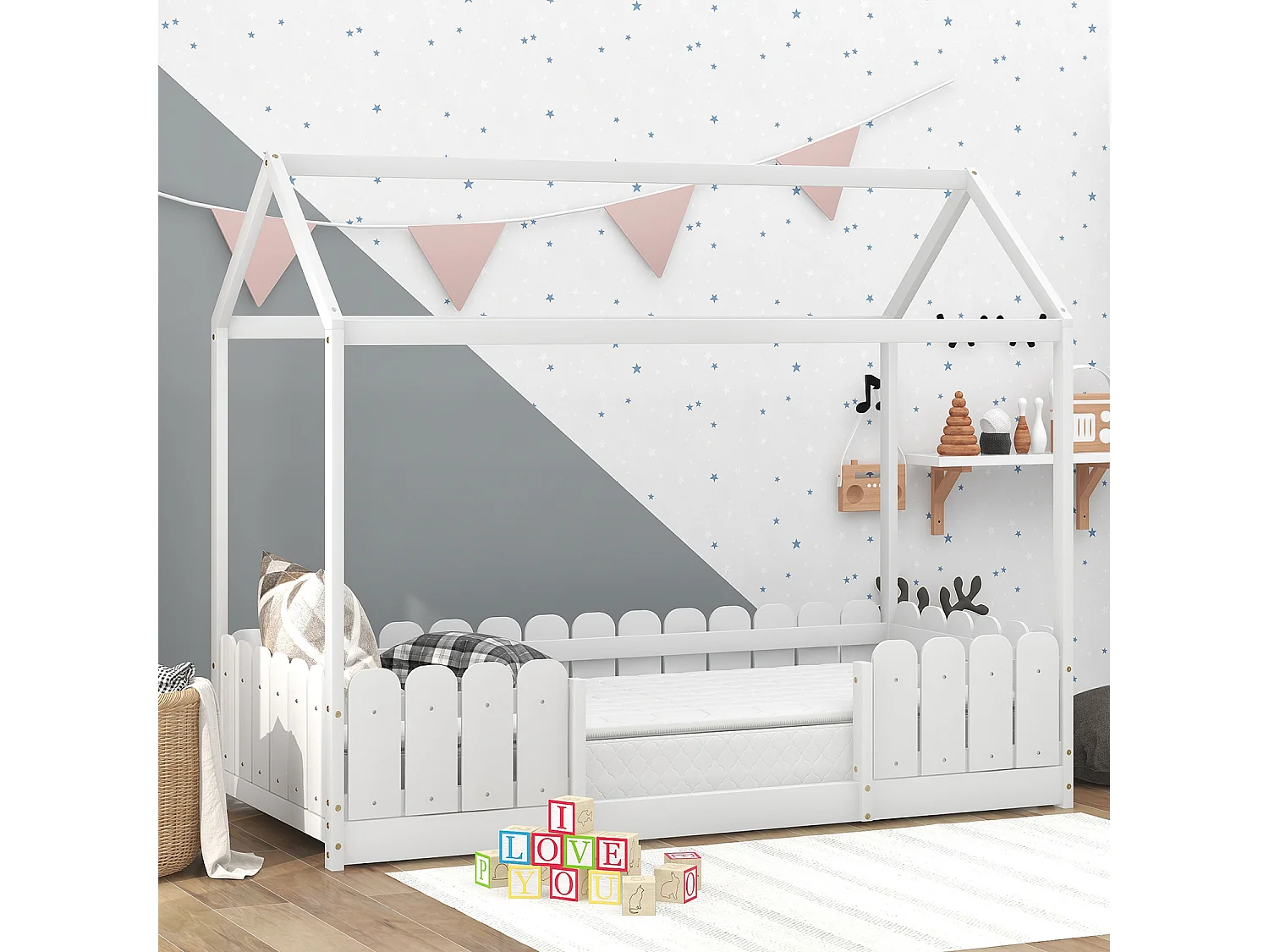 Lit cabane enfant 90 x 200 cm - Bois pin massif Blanc - Sommier inclus - Style scandinave