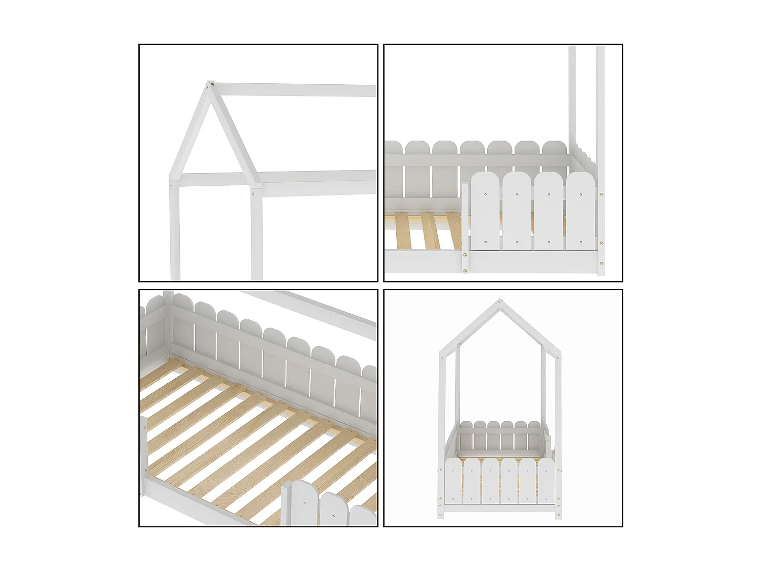 Lit cabane enfant 90 x 200 cm - Bois pin massif Blanc - Sommier inclus - Style scandinave