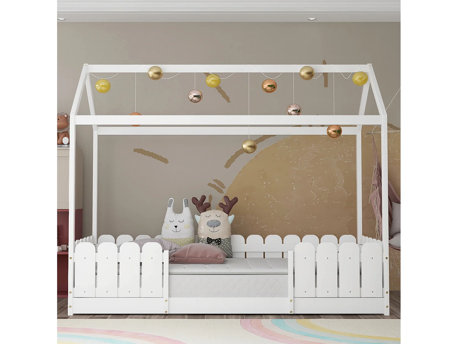 Lit cabane enfant 90 x 200 cm - Bois pin massif Blanc - Sommier inclus - Style scandinave