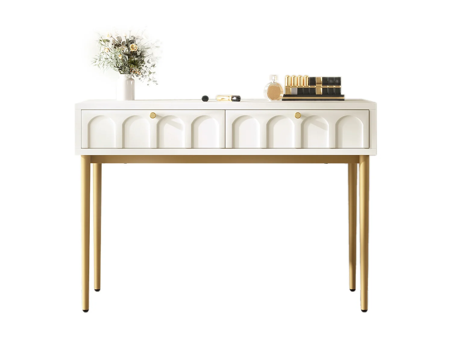 Vanité laiteuse, 2 tiroirs, plateau de chambre à coucher haut tiroir à panneaux latéraux blancs - h76.5 / B100 / t45cm