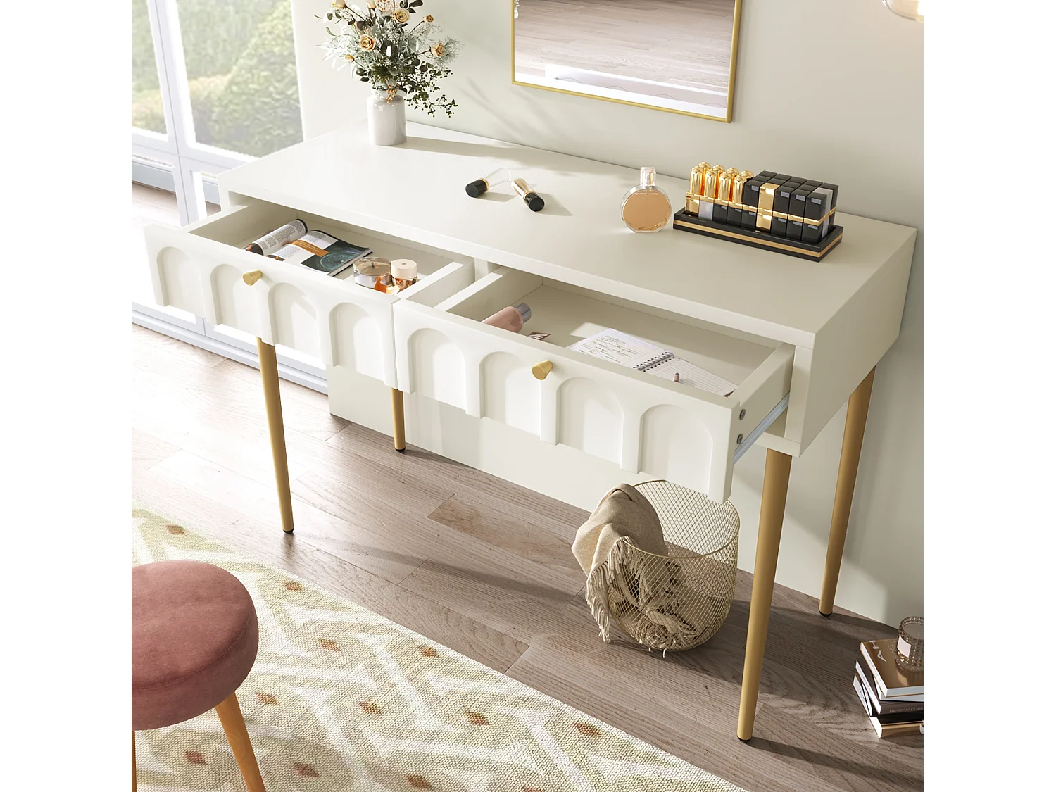 Vanité laiteuse, 2 tiroirs, plateau de chambre à coucher haut tiroir à panneaux latéraux blancs - h76.5 / B100 / t45cm