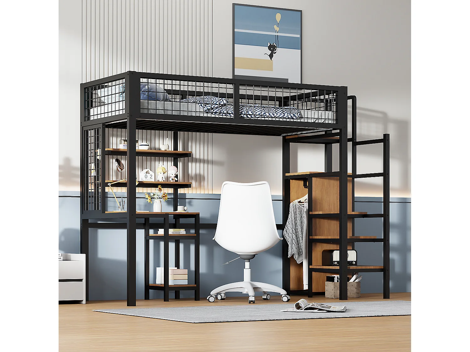 Noir 90x200 lits superposés avec échelle de sécurité lit d'enfant avec armoire en fer et Bureau d'ordinateur