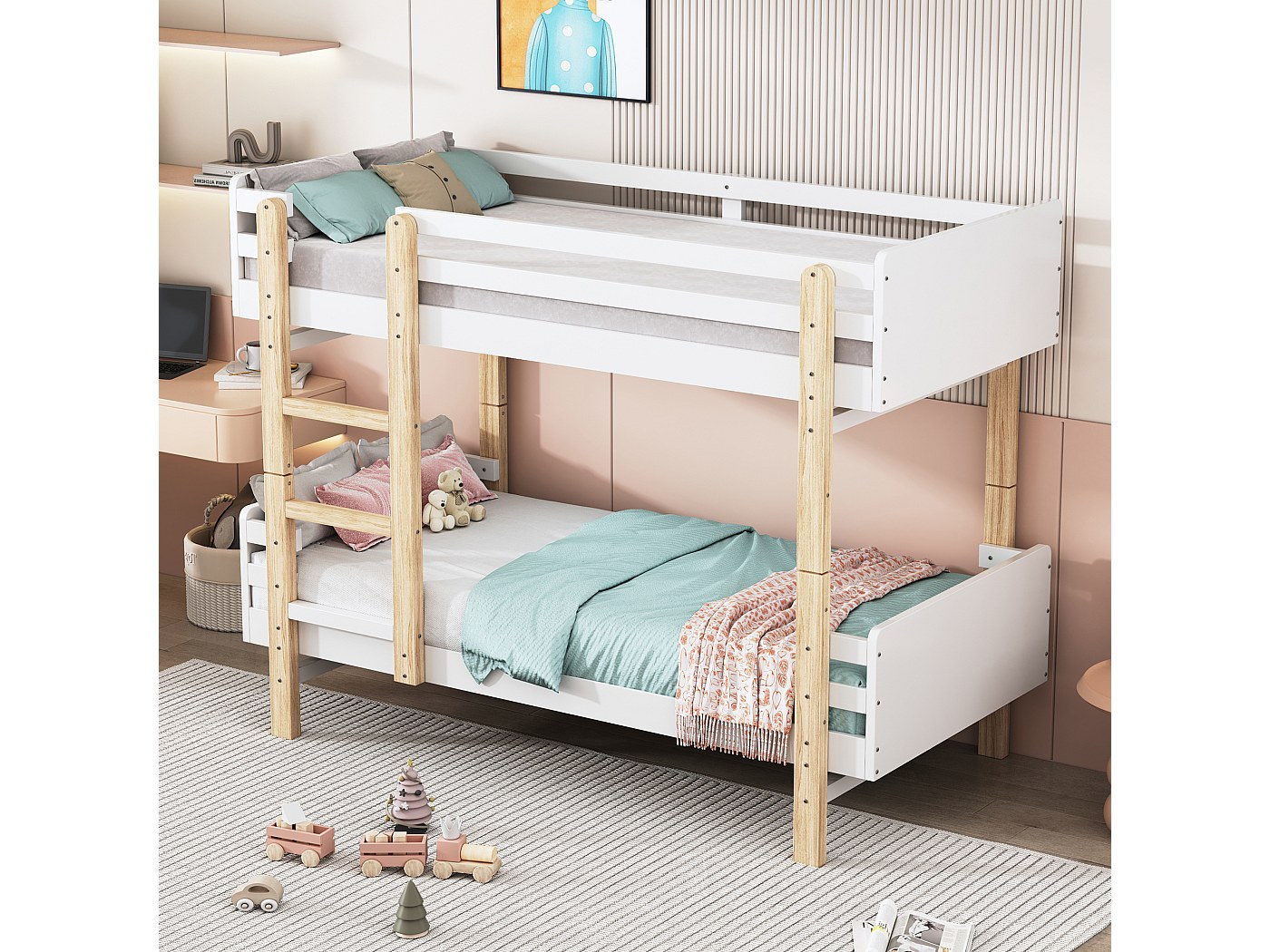 ROBOTIME Lit double en bois pour poupées avec fonction extensible, lit superposé avec 2 ensembles de linge de lit, coussin moelleux, meuble de poupée comme cadeau pour moins de 18, série Ballet