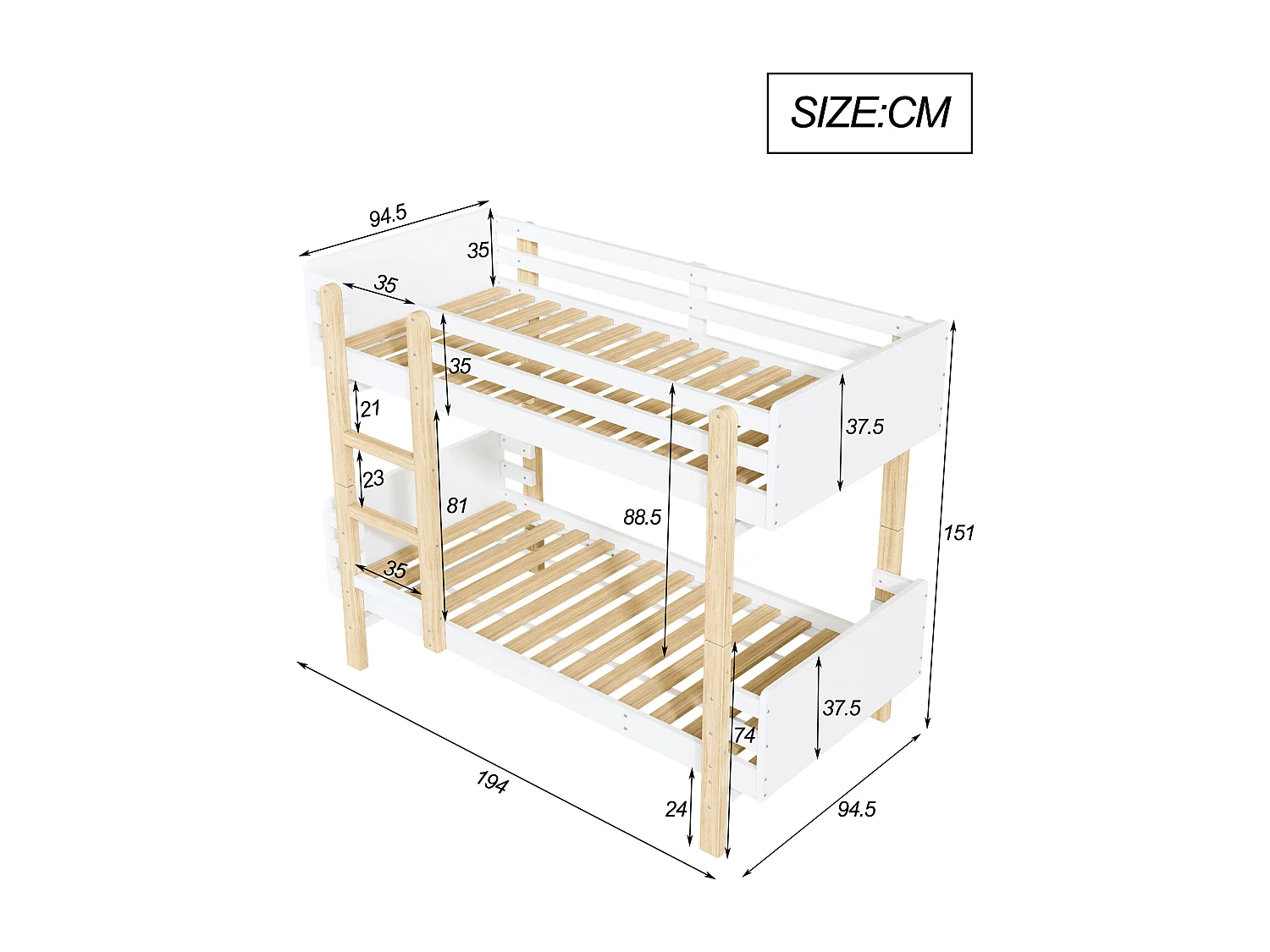 Lit superposé pour enfant blanc 90 x 190 cm, cadre en bois massif, convertible en deux lits à plateforme