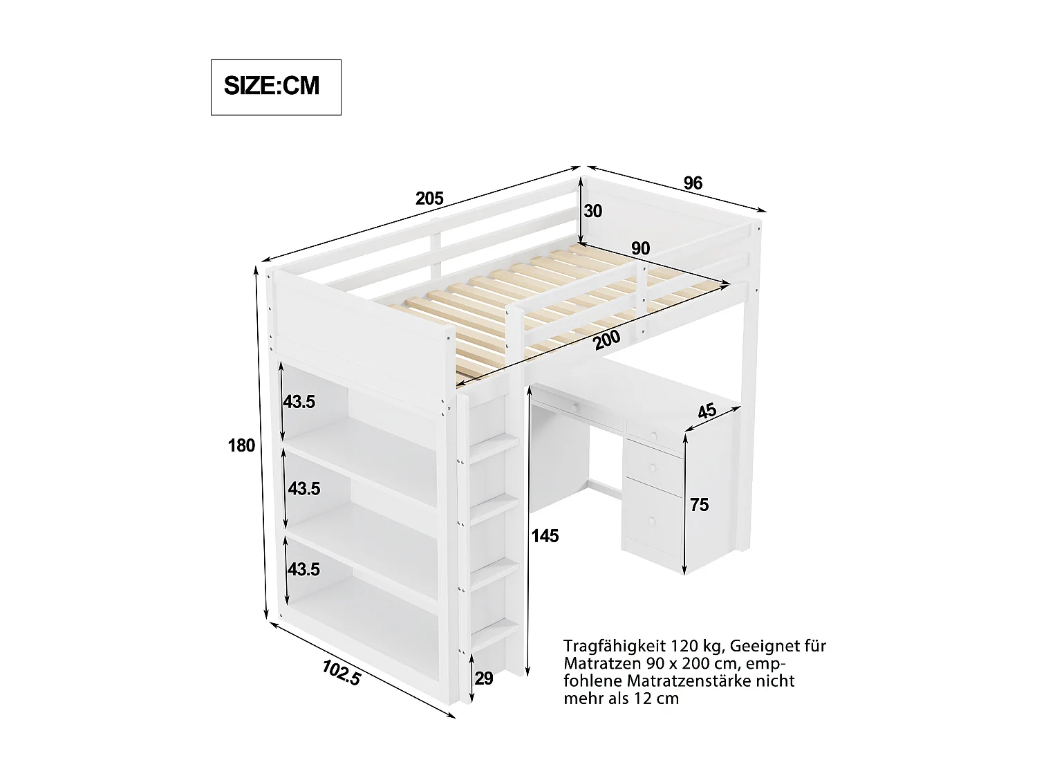 Weißes Kinderhochbett aus Holz 90x200 cm mit Spind und Computertisch.