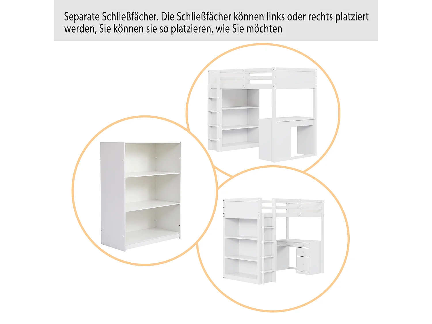 Weißes Kinderhochbett aus Holz 90x200 cm mit Spind und Computertisch.