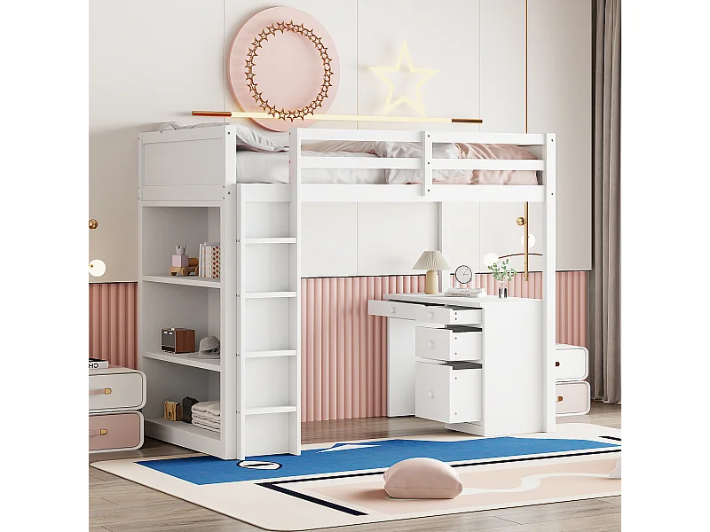 Litera de madera infantil blanca de 90 x 200 cm con taquilla y mesa para ordenador