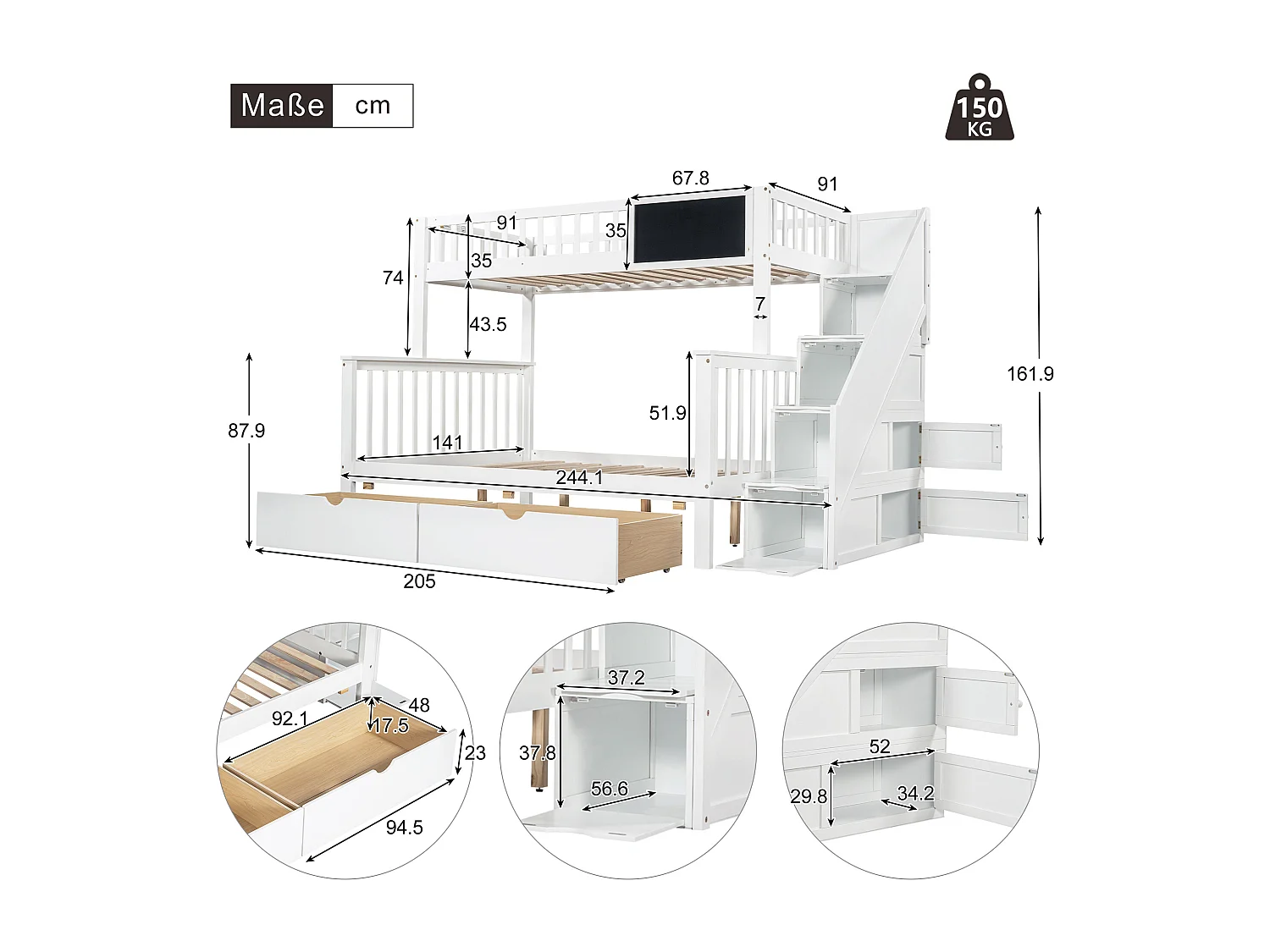 Letto matrimoniale a castello multifunzionale per bambini bianco 90 * 200 / 140 * 200 con lavagna e cassetti, senza materasso
