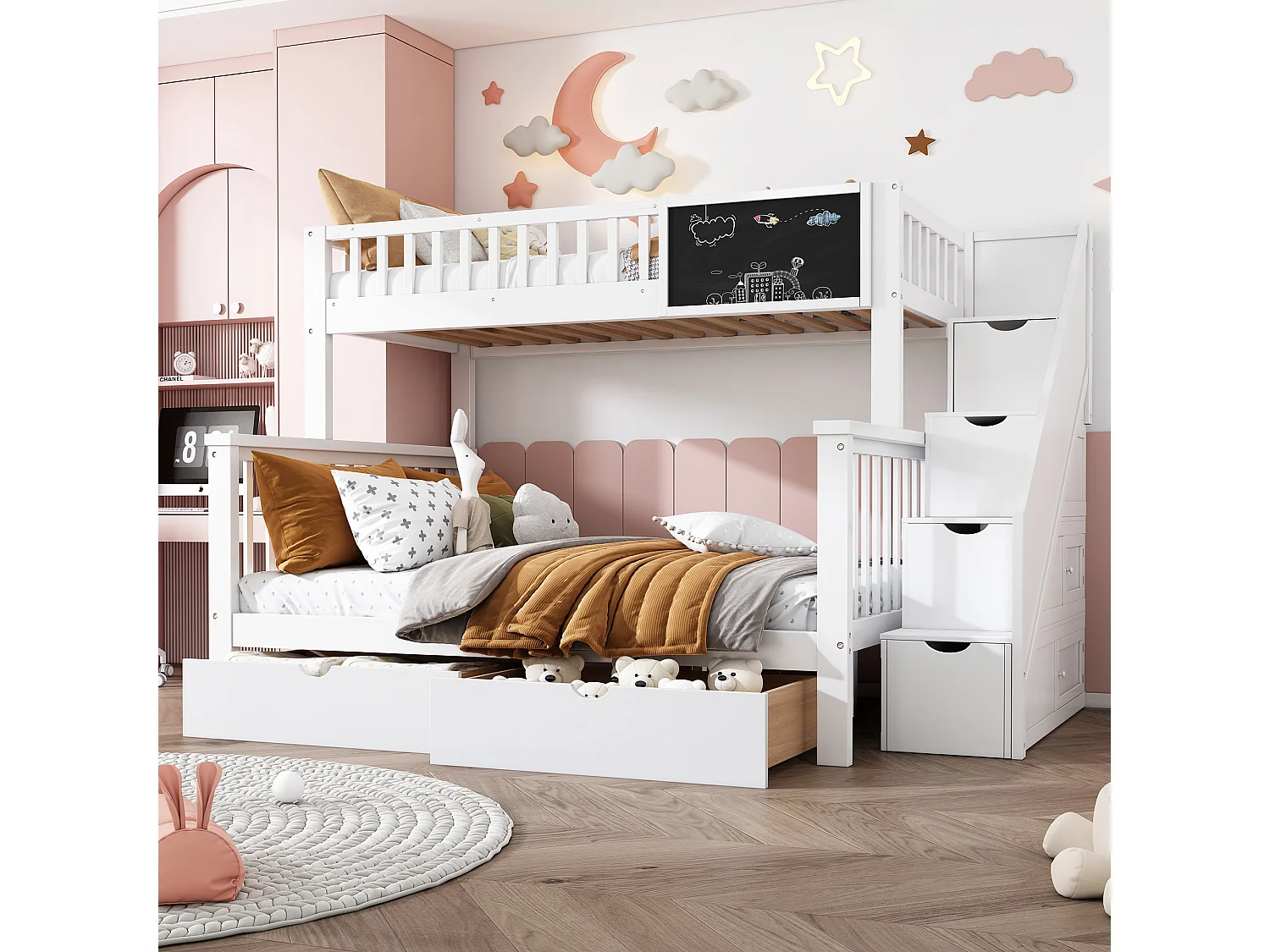 Letto matrimoniale a castello multifunzionale per bambini bianco 90 * 200 / 140 * 200 con lavagna e cassetti, senza materasso