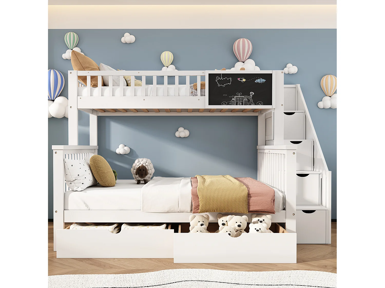 Letto matrimoniale a castello multifunzionale per bambini bianco 90 * 200 / 140 * 200 con lavagna e cassetti, senza materasso