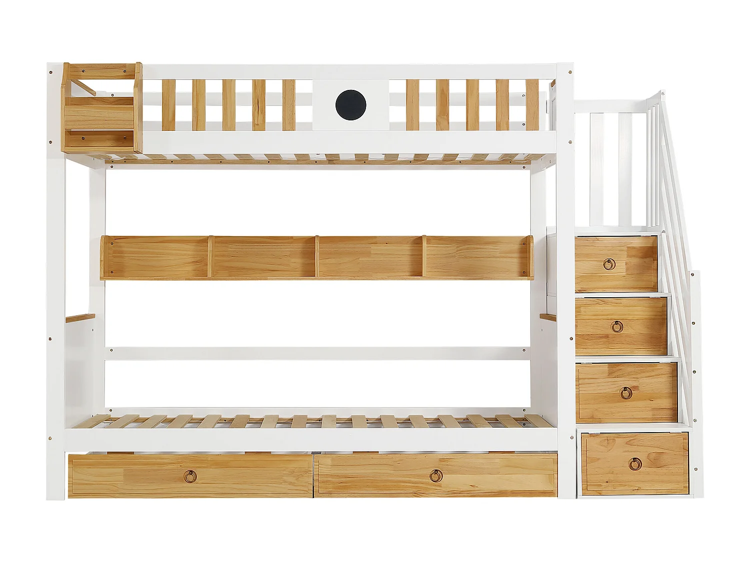 Lit superposé enfants 90x200cm en blanc + nature avec escalier, tableau noir, étagère et coffre, avec 4 casiers et 2 tiroirs