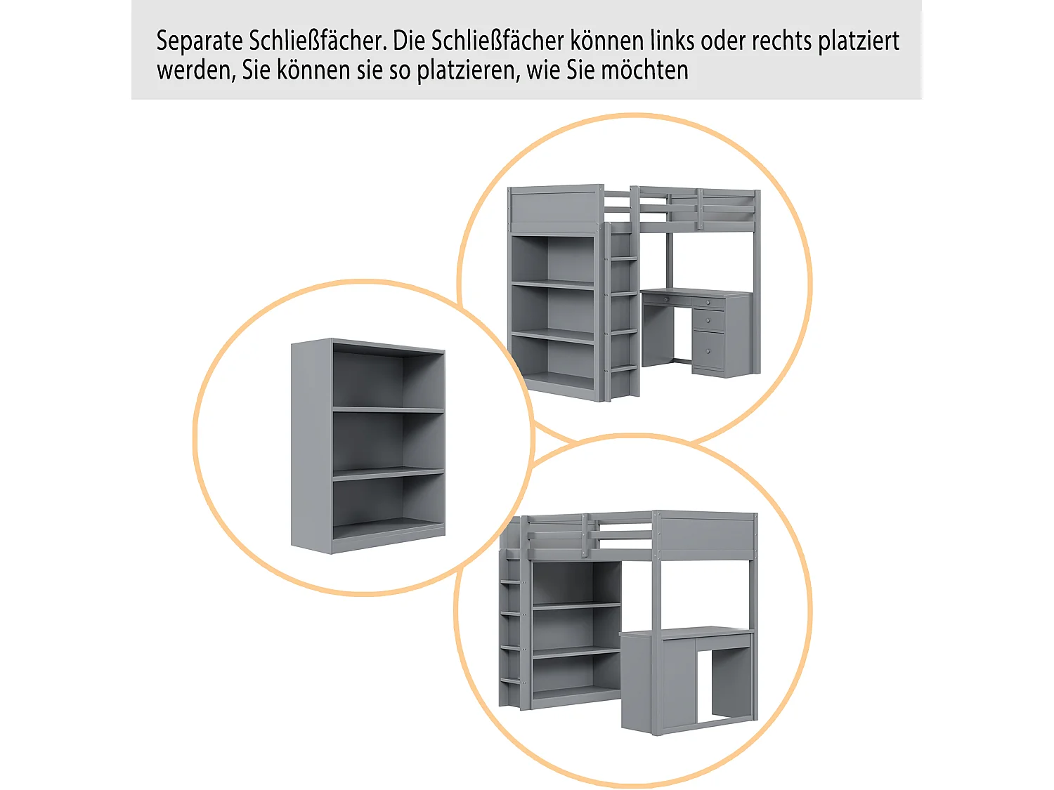 Litera infantil de madera gris 90 x 200 cm con taquilla y mesa para ordenador